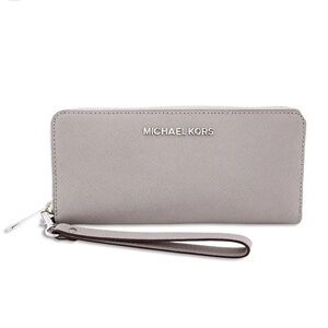 Michael Kors Jet Set Travel Continental Wallet Pearl Gray Saffiano Wristlet